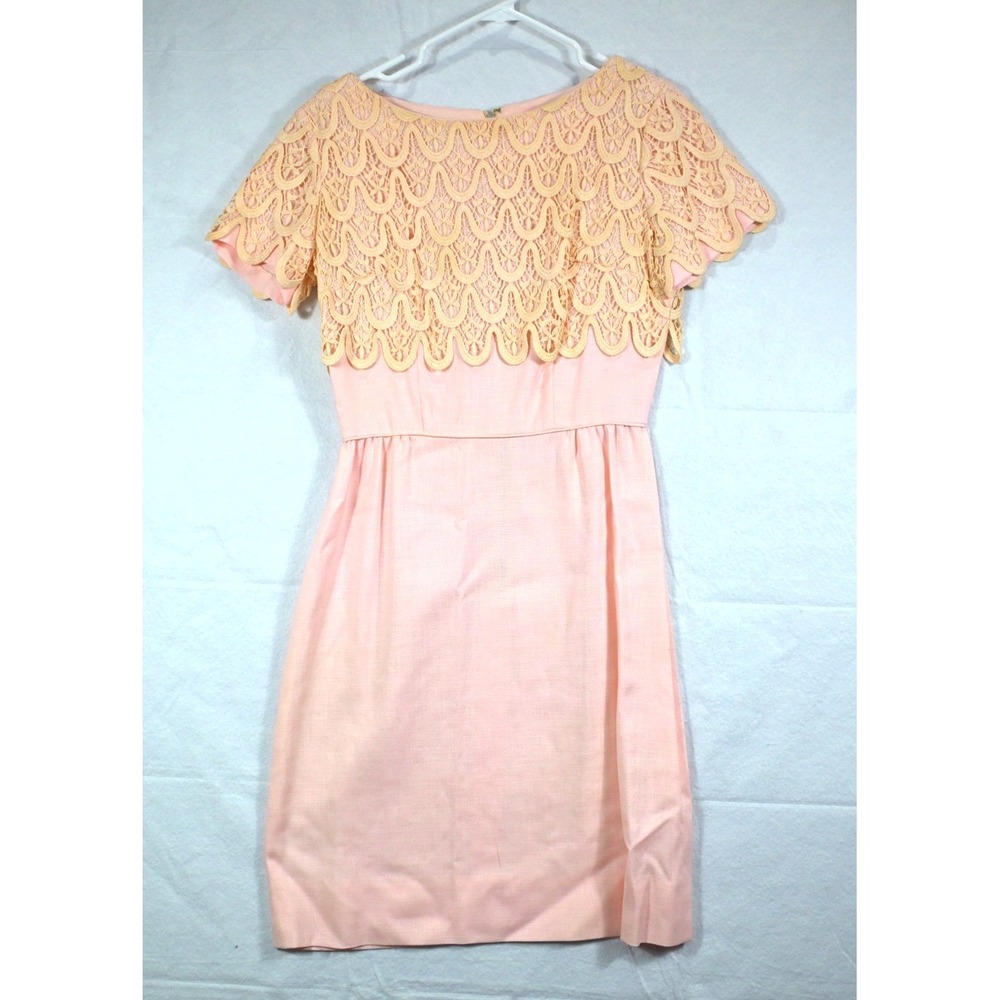 Vintage L'Aiglon Pink Lace Dress Womens Scalloped Overlay Short Sleeve Retro